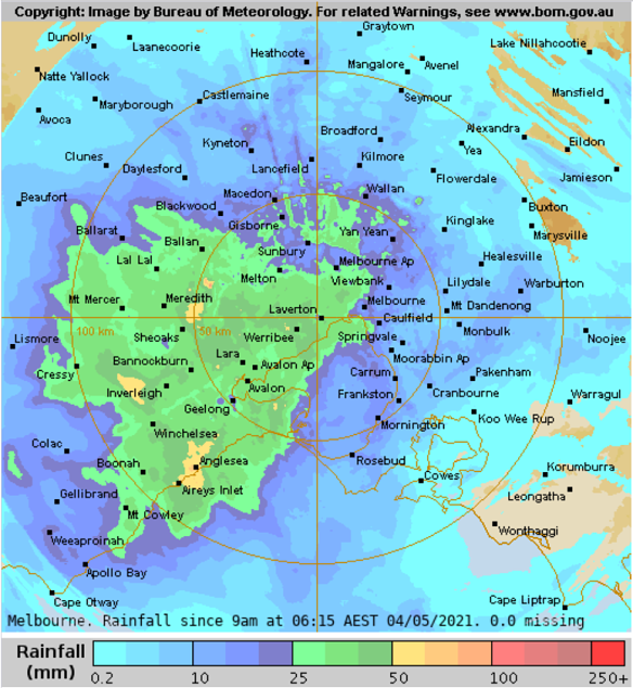 Rainfall totals across Melbourne since 9am Monday.