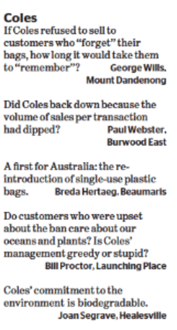 Letters on Coles, August 3, 2018.