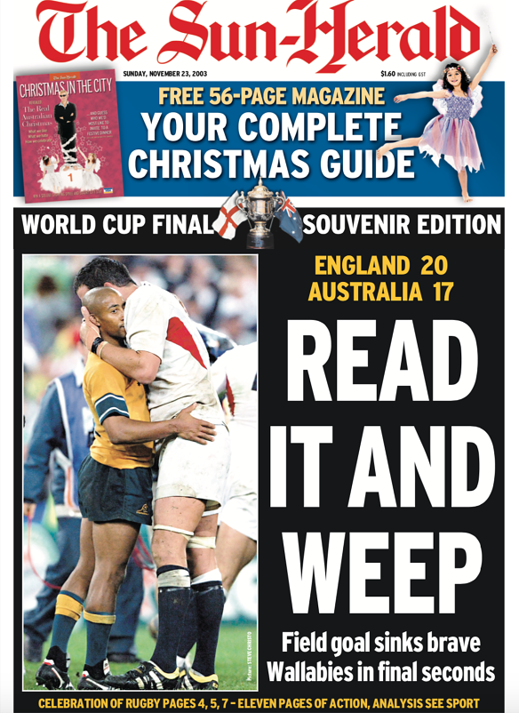 The front page of the Sun Herald following England's 20-17 World Cup win in November 2003. 