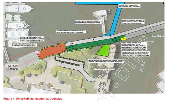 The Dockside ferry terminal would have to be demolished and rebuilt to accommodate a riverside path.