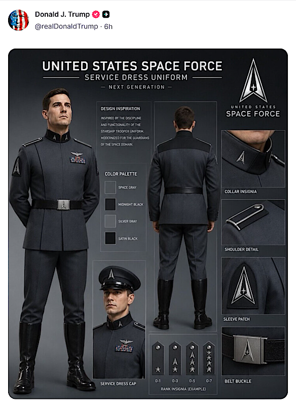 The Starship Troopers-themed uniforms for the US military’s venture into space.
