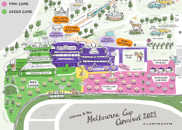 The zones for attendees of the 2021 Melbourne Cup at Flemington.