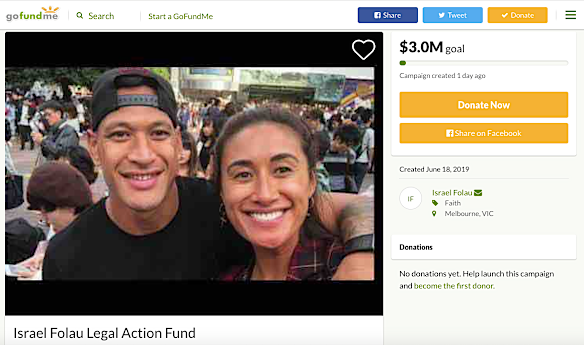 A screenshot of Israel Folau's GoFundMe page. 