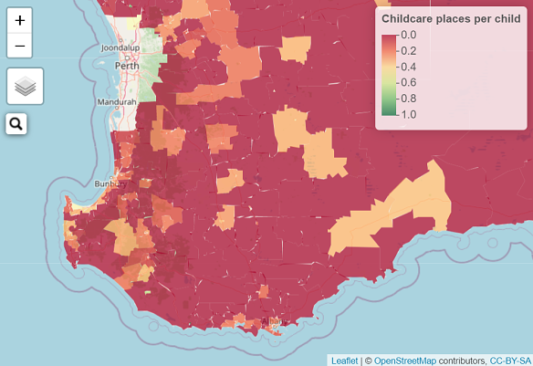 The areas in red show the worst-impacted areas for access to childcare. Much of the state’s north is also red. 