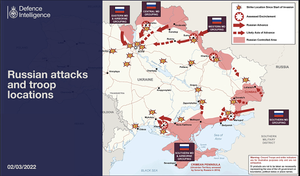 A map drawn by the UK’s Defence Intelligence Unit showing Russian troop positions of Ukraine on Wednesday, March 2, 2022. 