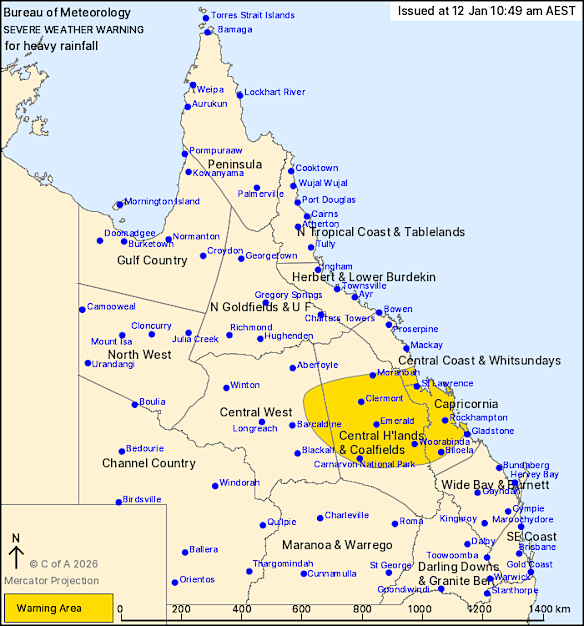 The Bureau of Meteorology urged inland regions between Mackay and Gladstone to brace for flash flooding brought on by ex-cyclone Koji.