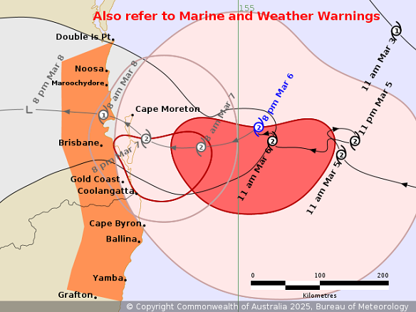 The bureau’s Cyclone Alfred track map at 8pm Queensland time, Thursday night.