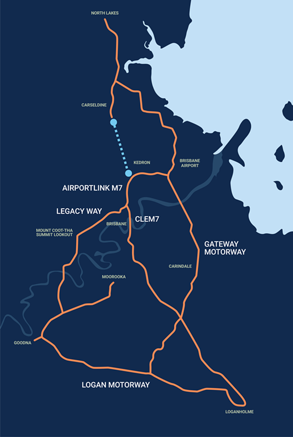 A government map showing Brisbane’s major toll roads and tunnels and the proposed Gympie Road Bypass tunnel (in light blue).