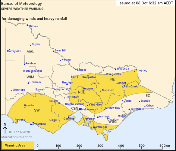 Areas affected by a severe weather warning issued at 6am on Thursday.