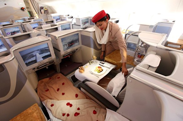 <b>Best and worst plane seats:</b> Business class section of an Emirates Airbus A380.