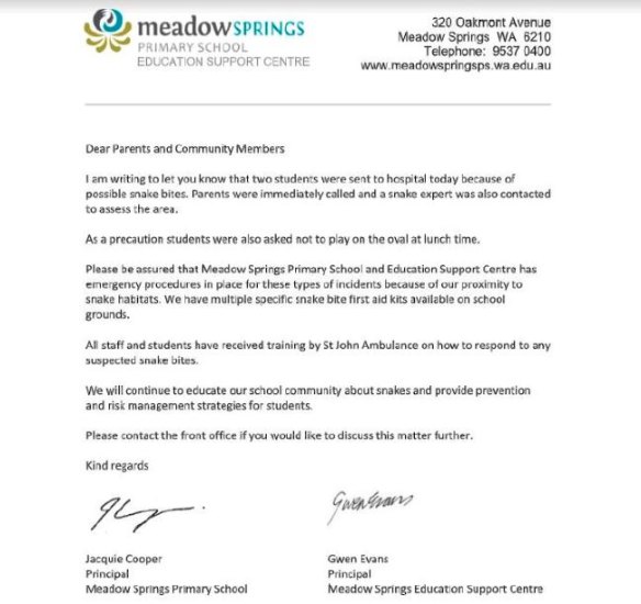 The letter sent from Meadow Springs Primary School to parents last week.