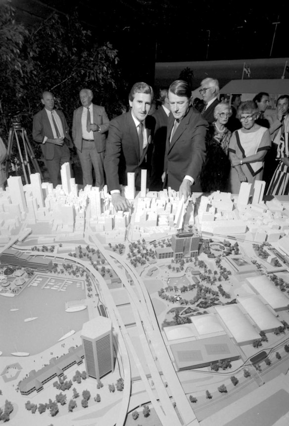 NSW Premier Neville Wran and Laurie Brereton announce the multi million dollar Darling Harbour development in Sydney on 14 December 1984.