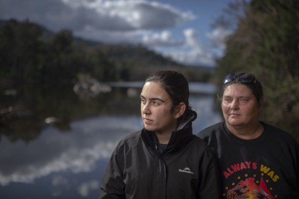 Gundungurra Traditional Owners Kazan Brown (right) and her daughter Taylor Clarke, on land that will be inundated by floodwater at Burnt Flat by the raising of the Warragamba Dam Wall. 