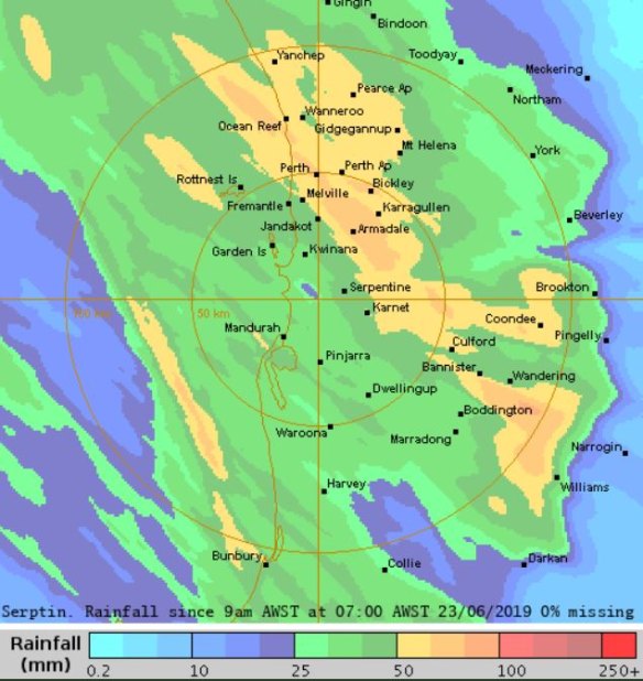 Recorded rainfall throughout Perth overnight.
