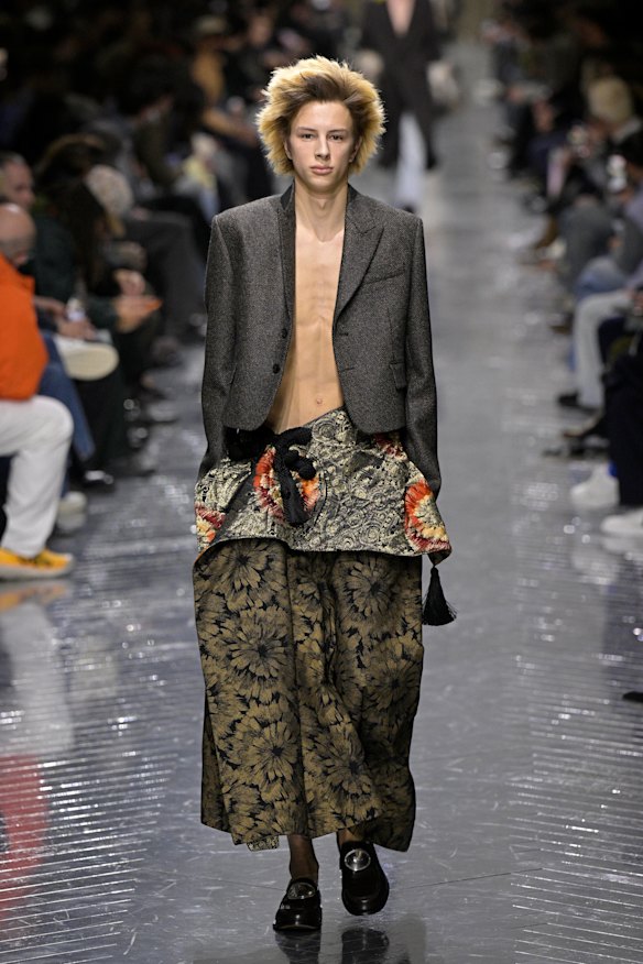A model on the Dior menswear runway in Paris.