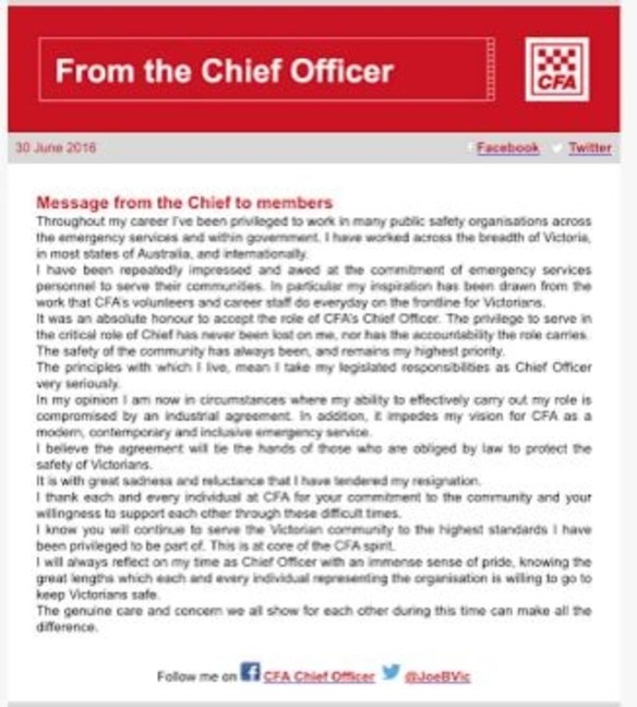 CFA chief fire officer Joe Buffone's message to members. 