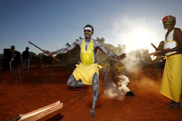 Gumatj clan ceremonial leaders performing the Gurtha ceremony at the opening ceremony of the First Nations National Convention held in Uluru, at the Mutitjulu community.