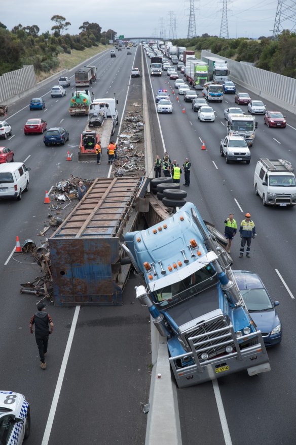 Truck smash on the Western Ring Road. Picture: Simon Schluter.