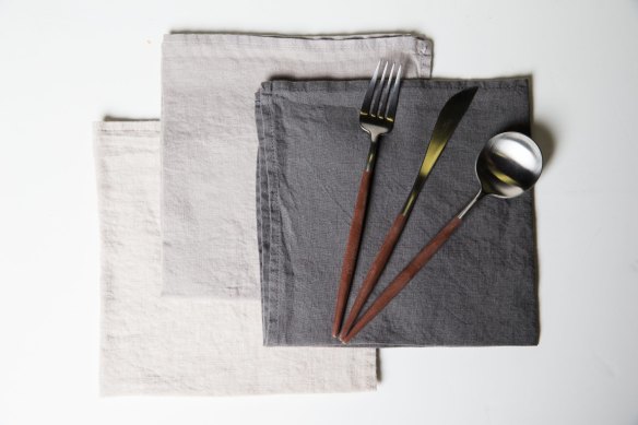 Best Dressed: The combination of natural linen napkins with the brown resin handles of Cultipol Goa's new flatware is both eternally stylish and bang-on trend. Napkins $15, flatware $360 per set. francalia.com.au