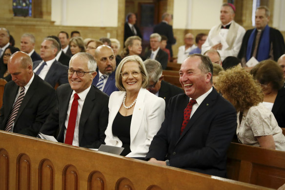 February 7, 2017: Malcolm Turnbull, Lucy Turnbull and Barnaby Joyce during a service at St Christopher’s Cathedral in Canberra to mark the start of the parliamentary year.