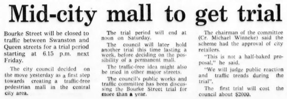 An Age article about a trial to take cars out of Bourke Street  in 1973.