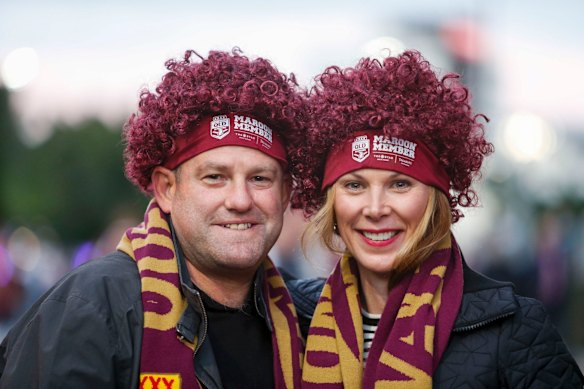 Maroons supporters Greg and Sarah Columbus at the series decider in Brisbane. 