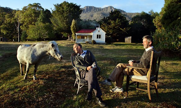 Bob Brown with his partner Paul Thomas at Oura Oura, the property at Liffey near Launceston which they are handing over to Bush Heritage, March  2011.