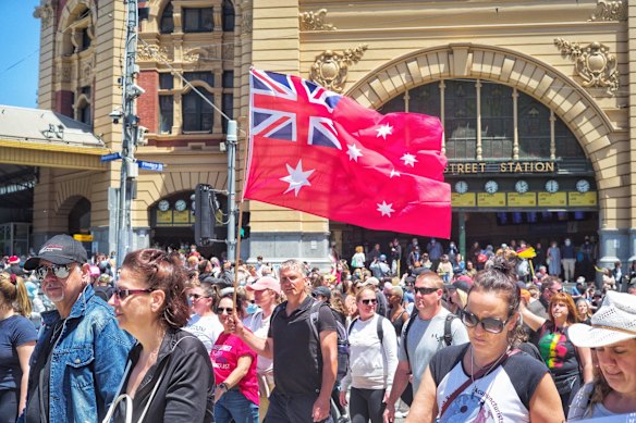 People protesting against the Pandemic Bill in Melbourne on Saturday 27 November 2021. 
