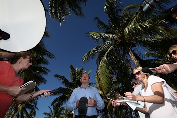 Prime Minister Tony Abbott addresses the media during a joint press conference with Indigenous Affairs Minister Nigel Scullion at the Seisia foreshore during their visit to Cape York, on Friday 28 August 2015. Photo: Alex Ellinghausen