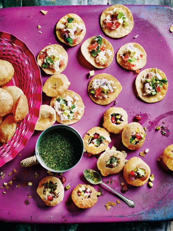 Indian tostadas: pani puris with avocado and sour cream. 