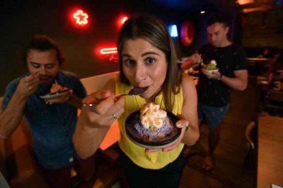 Simone Gervasi tasting the new taro flavoured Bingsu dessert at Scoopy Milk Bar.