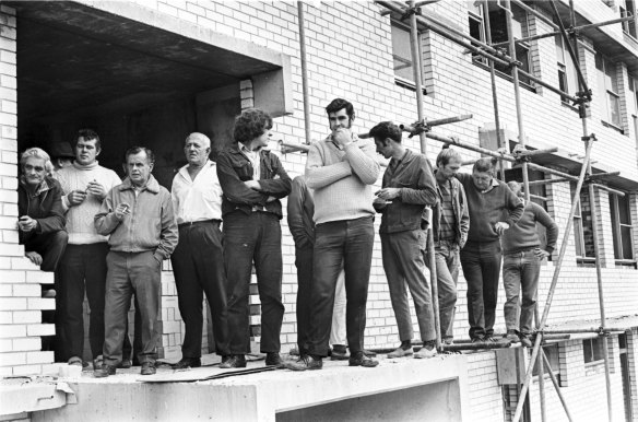 Builders on strike at a construction site in North Sydney under the direction of the BLF on May 26, 1970. 