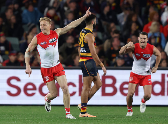 Sydney’s Isaac Heeney celebrates a goal in the Swans’ one-point victory over the Crows.