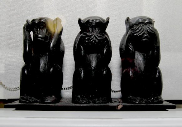 Three wise monkeys sit in the window of Independent MP Rob Oakeshott who is in talks with fellow Independents Tony Windsor and Bob Katter in an attempt to form a government at Parliament House.