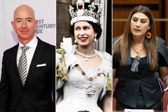Amazon founder Jeff Bezos, left, and Greens Senator Lidia Thorpe, right, have come out swinging by voicing, respectively, criticism of those critiquing the Queen and a defence of those who do.  