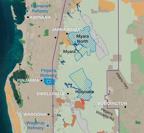 Alcoa is seeking environmental approval to mine the blue-hatched areas from 2025.