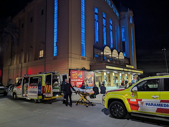 Paramedics at the Palais Theater where a man attending the Melbourne International Comedy Festival premiere died on March 26, 2025.
