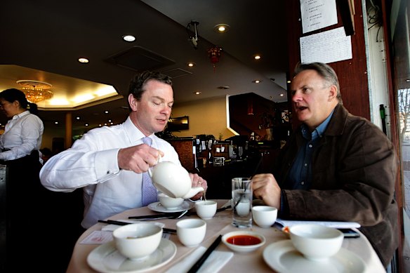 Christopher Pyne, left, and Mark Latham having lunch at Great Century Restaurant, Sydney.
