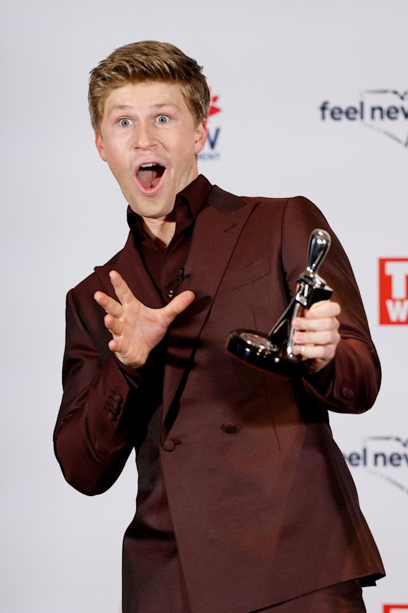 Robert Irwin poses with the Bert Newton Award for most popular presenter for I’m A Celebrity … Get Me Out Of Here!