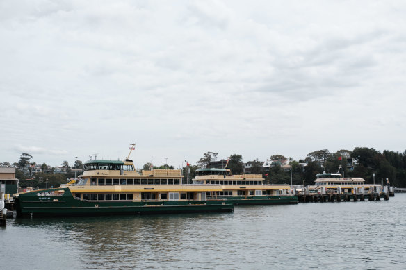 The three new Manly ferries tied up for repairs at the Balmain Shipyards.