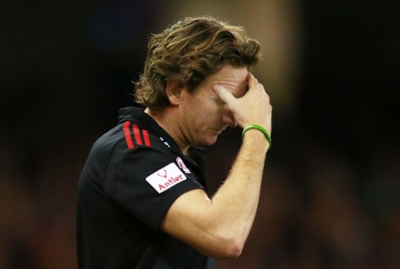  James Hird, coach of the Essendon Bombers looks on during the round 20 AFL match between the Essendon Bombers and the Adelaide Crows at Etihad Stadium on August 15, 2015 in Melbourne, Australia. 