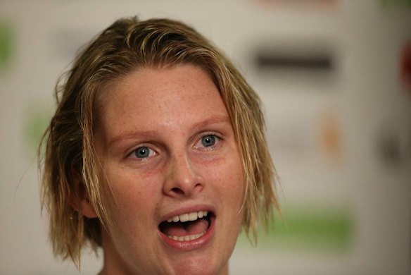 Leisel Jones speaks to the press at Manchester Aquatic Centre.