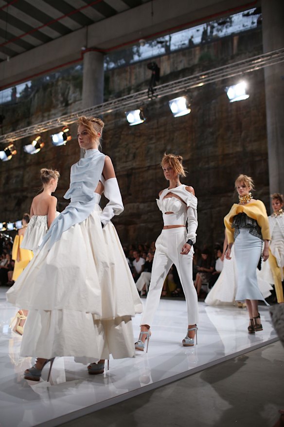A model walks the runway at the Mercedes-Benz Presents Maticevski show at Mercedes-Benz Fashion Week Resort 17 Collections at The Cutaway, Barangaroo Reserve on May 15, 2016 in Sydney, Australia.