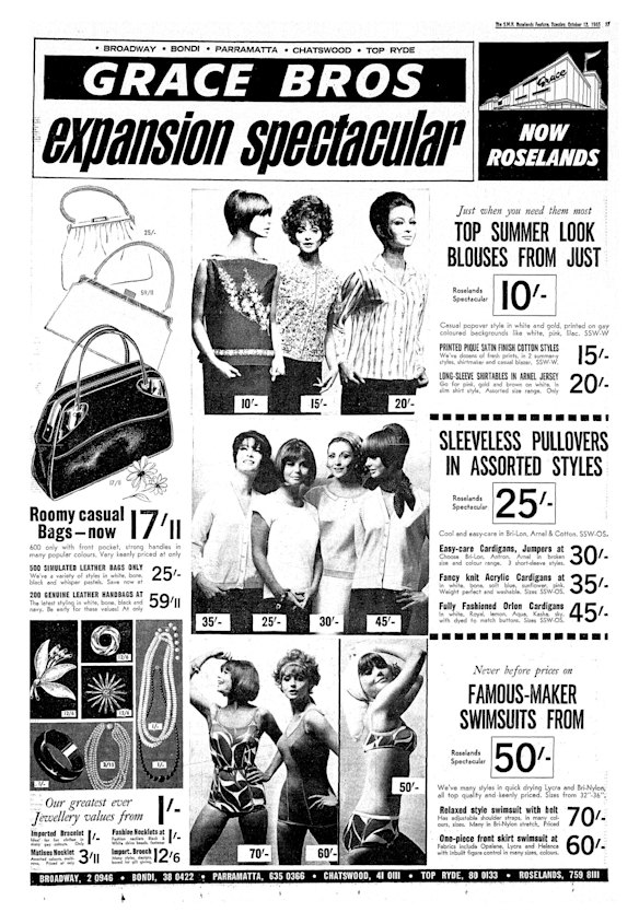 The Roselands supplement in The Sydney Morning Herald: Grace Bros. advertised "simulated leather" bags, "matinee necklets" and easy-care cardigans.