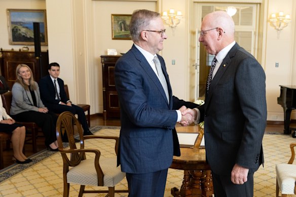 Anthony Albanese at the swearing-in ceremony with Governor-General David Hurley at Government House in Canberra.
