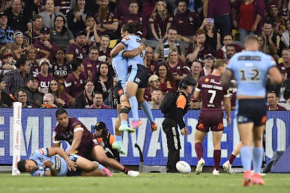 Brian To'o of the Blues celebrates with Jerome Luai of the Blues after scoring a try during game one.