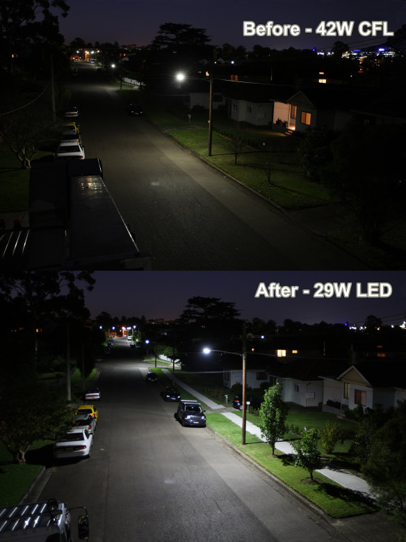 The difference in illumination between LED and non-LED street lights.