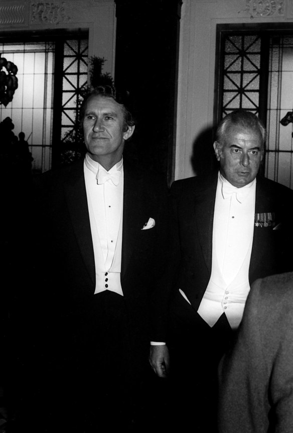 Malcolm Fraser and Gough Whitlam at the Lord Mayor's dinner in Melbourne.