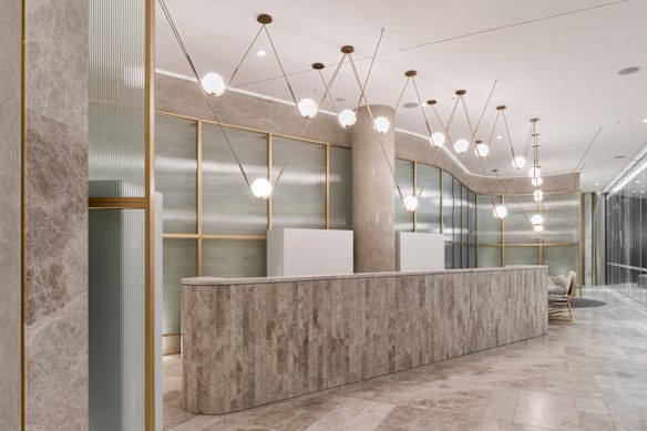 The marble and copper lobby at Eos.