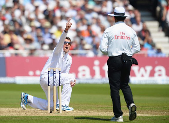 Graeme Swann of England appeals successfully for the wicket of James Pattinson of Australia.